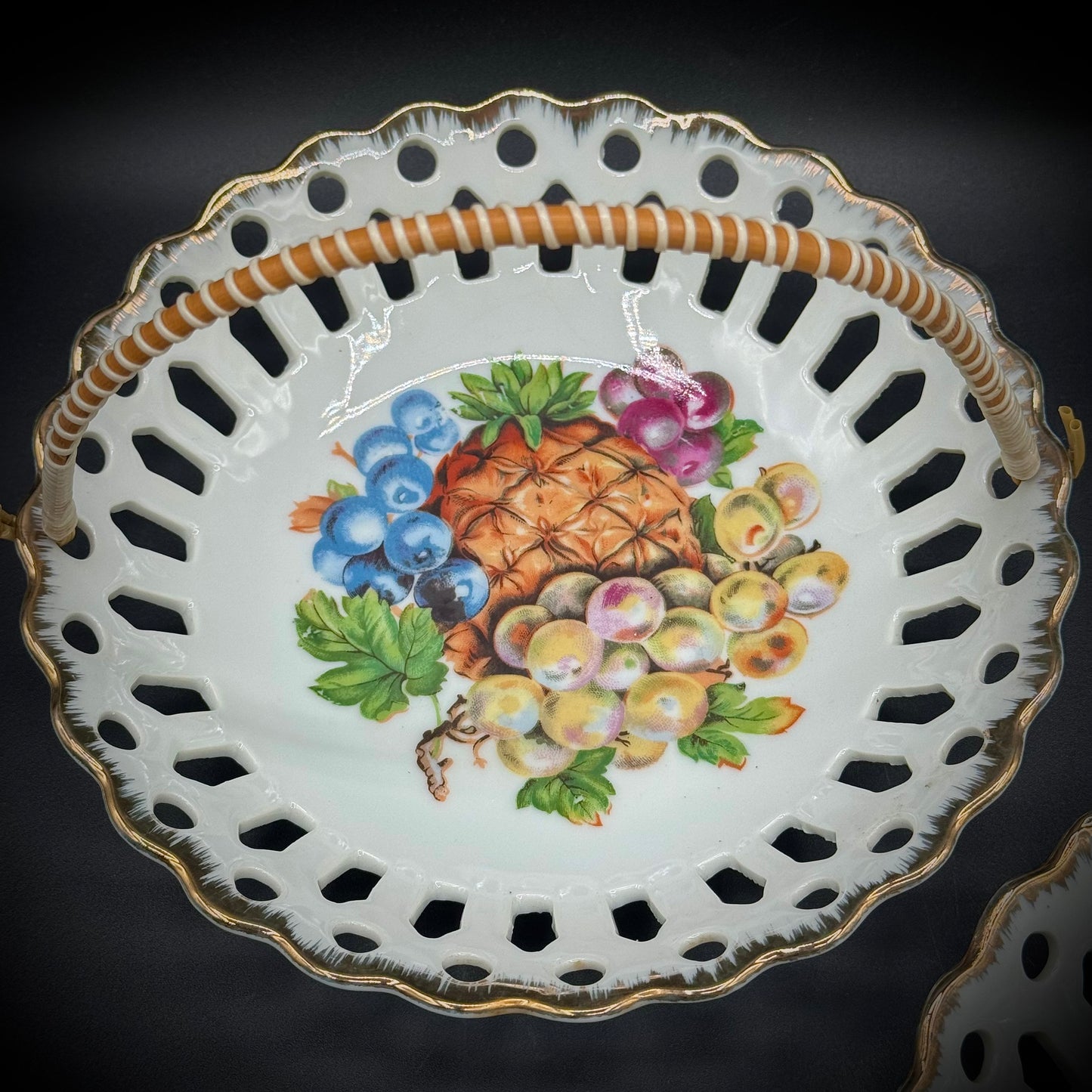 Pair of Vintage Nevco Japan Porcelain Flower Motif Handled Dishes