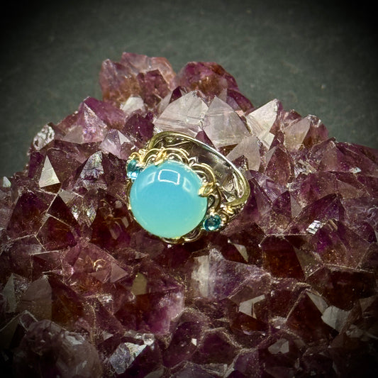 Pale Blue Cabochon Jade Ring Ornate Filigree Design Accented with Aquamarine Stones