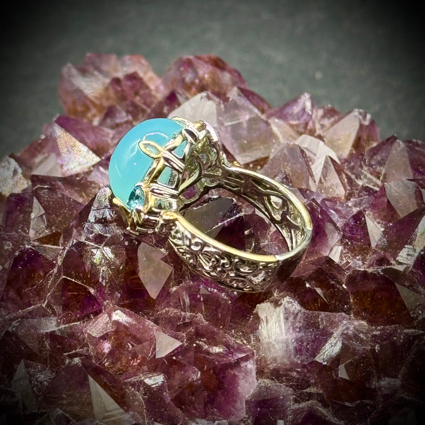 Pale Blue Cabochon Jade Ring Ornate Filigree Design Accented with Aquamarine Stones