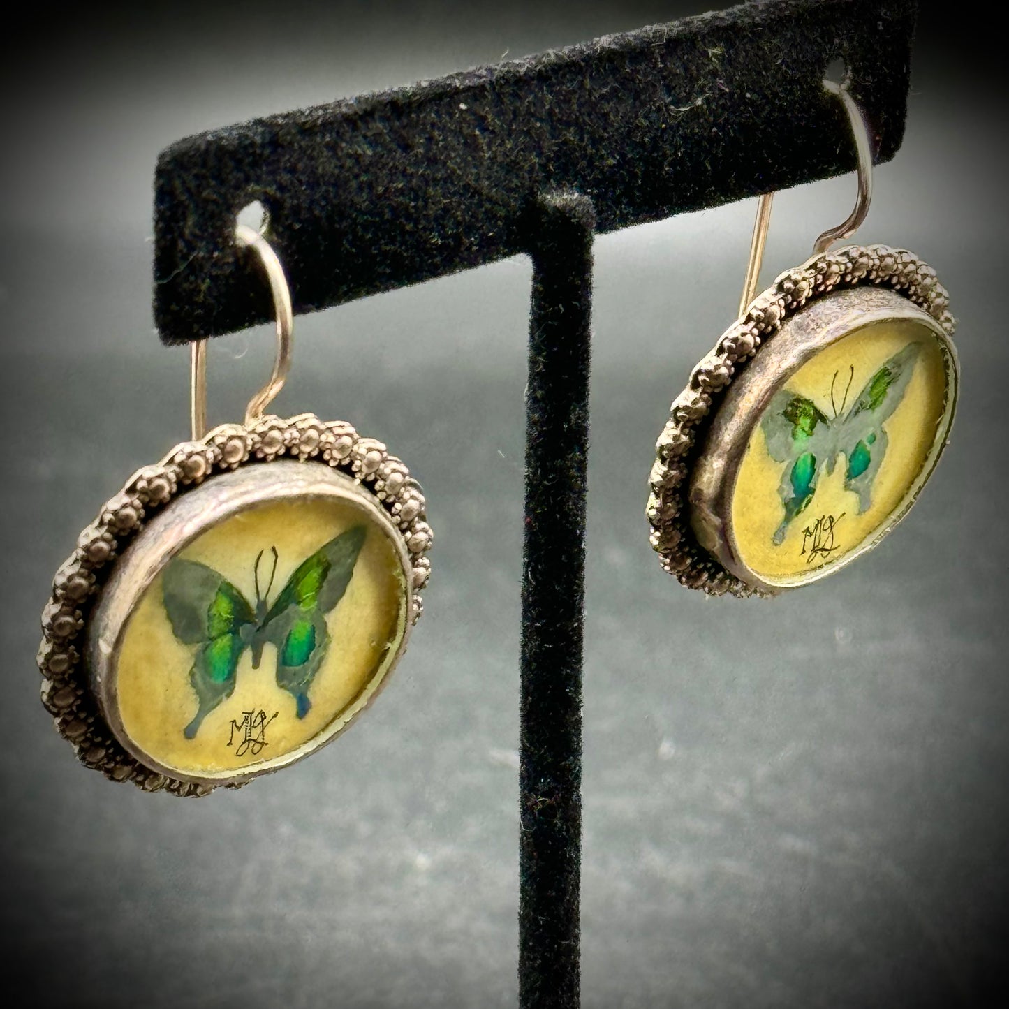 Santa Fe Lobito Sterling Silver, Glass & Semiprecious Stone Butterfly Earrings Artist MJG Signed