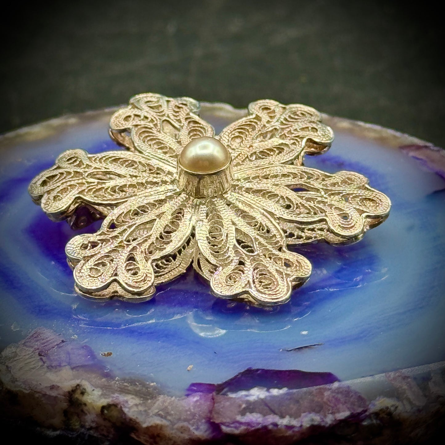 Sterling Silver Filigree Pin/Brooch with Cabochon Pearl