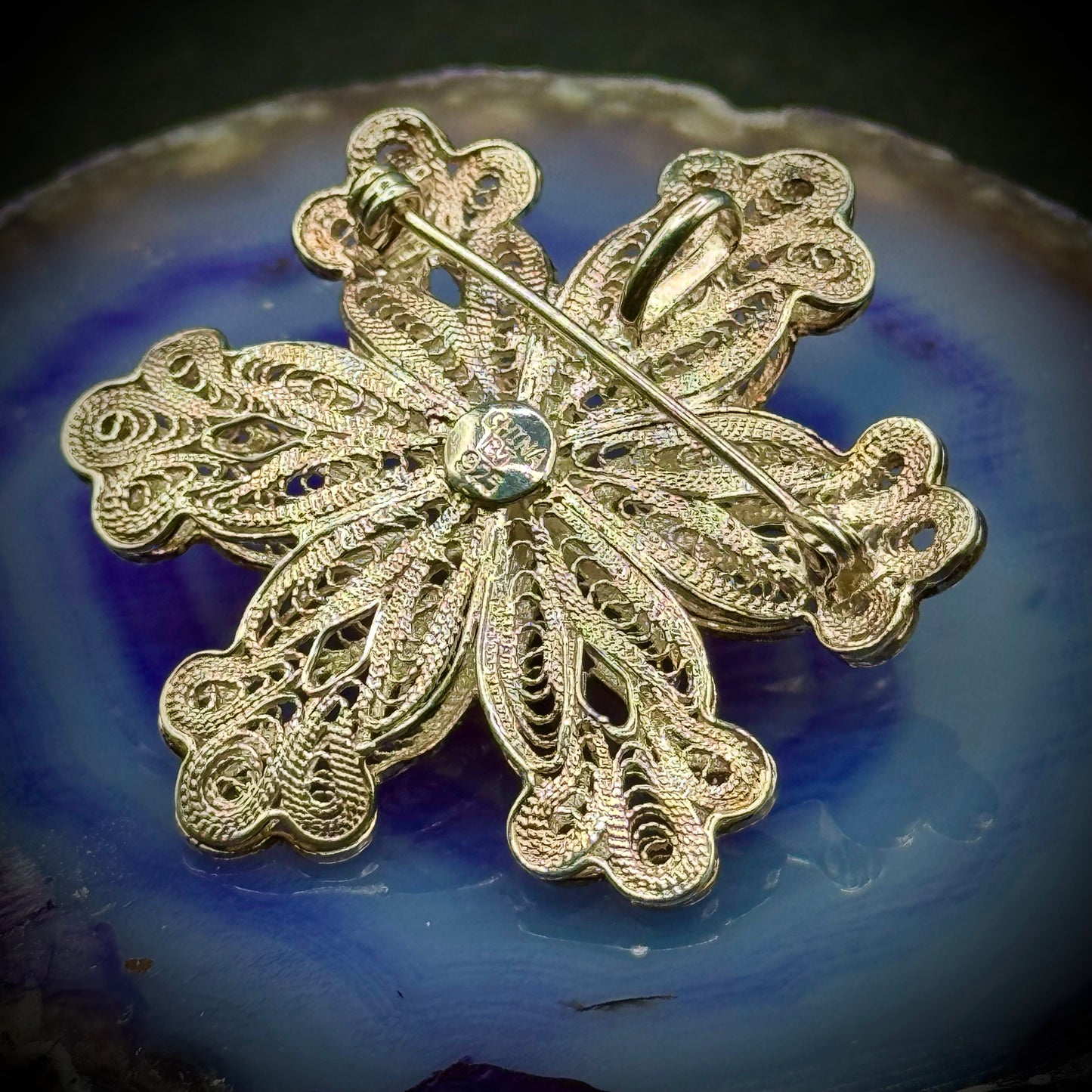 Sterling Silver Filigree Pin/Brooch with Cabochon Pearl