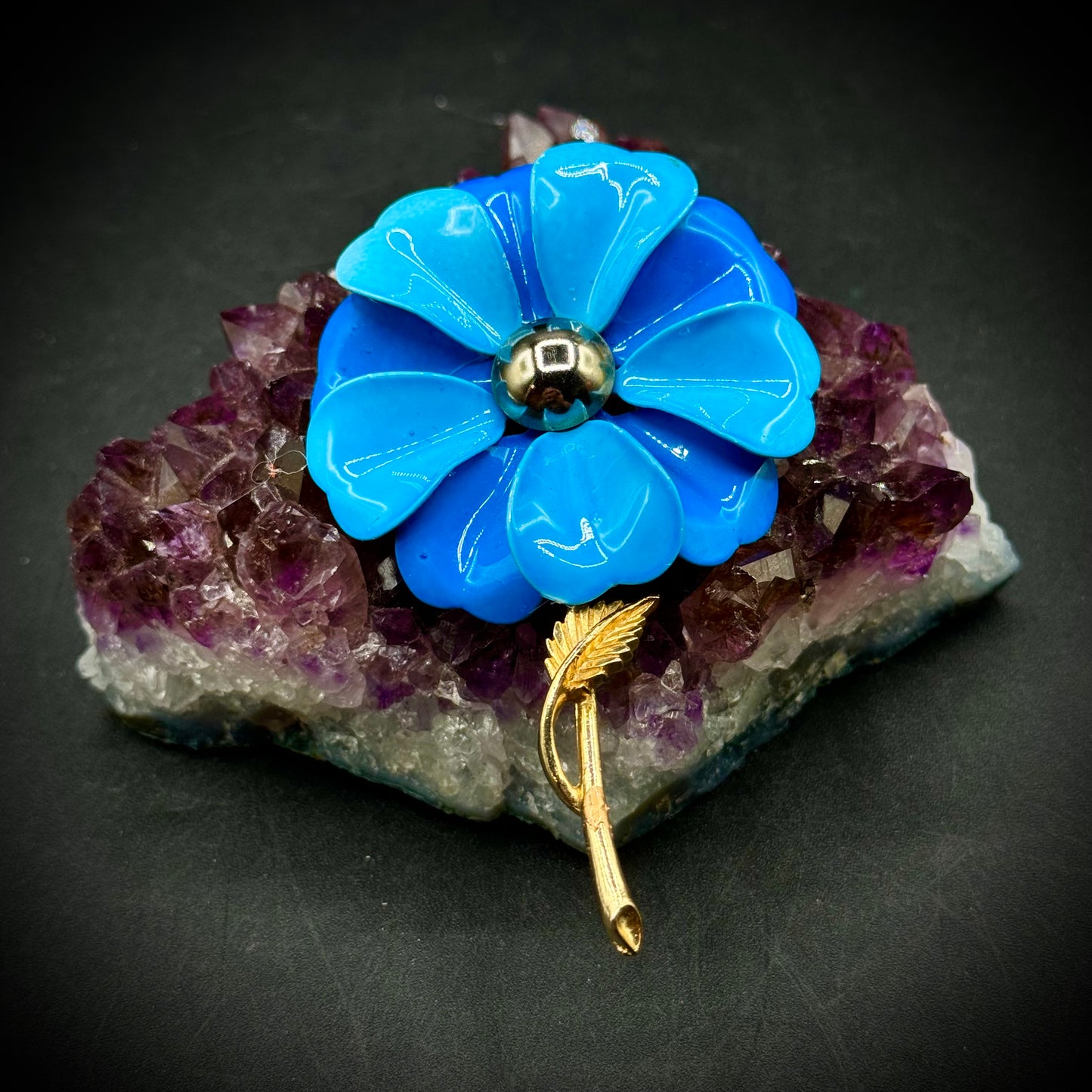 Vintage 1960s Blue Flower Enamel Brooch