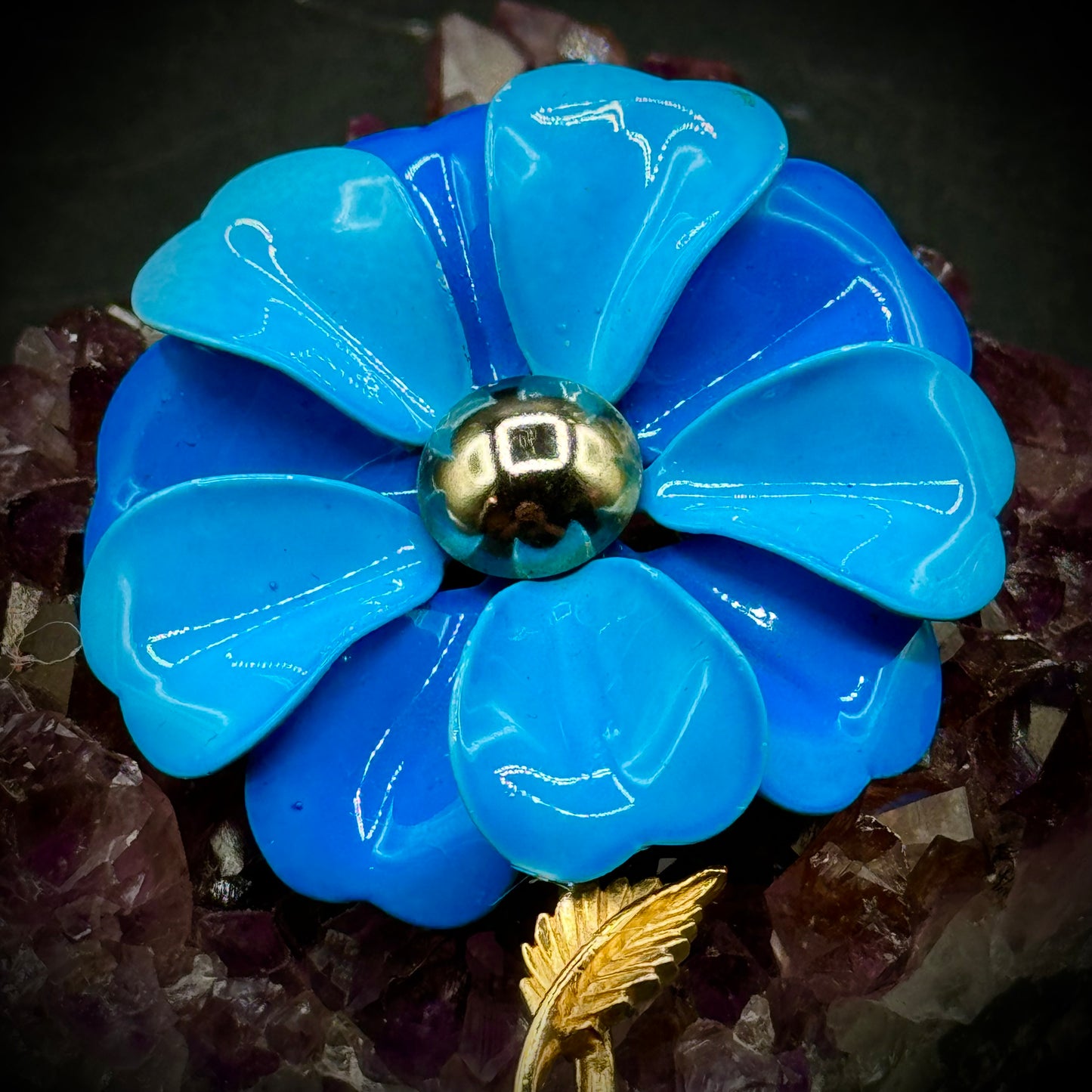 Vintage 1960s Blue Flower Enamel Brooch