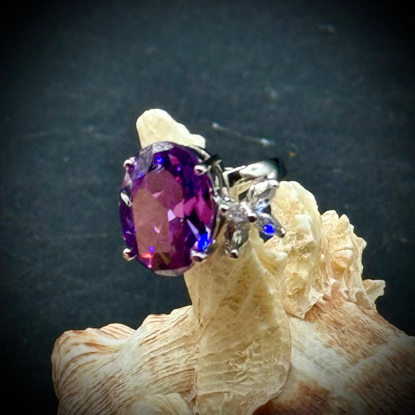 Large Purple CZ Stone Accented with Smaller Clear Cut Stones 18KGE