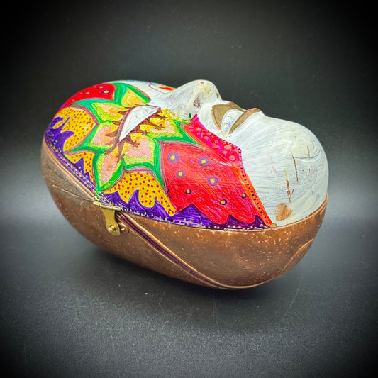 Whimsical Mask Motif Carved Wood Box