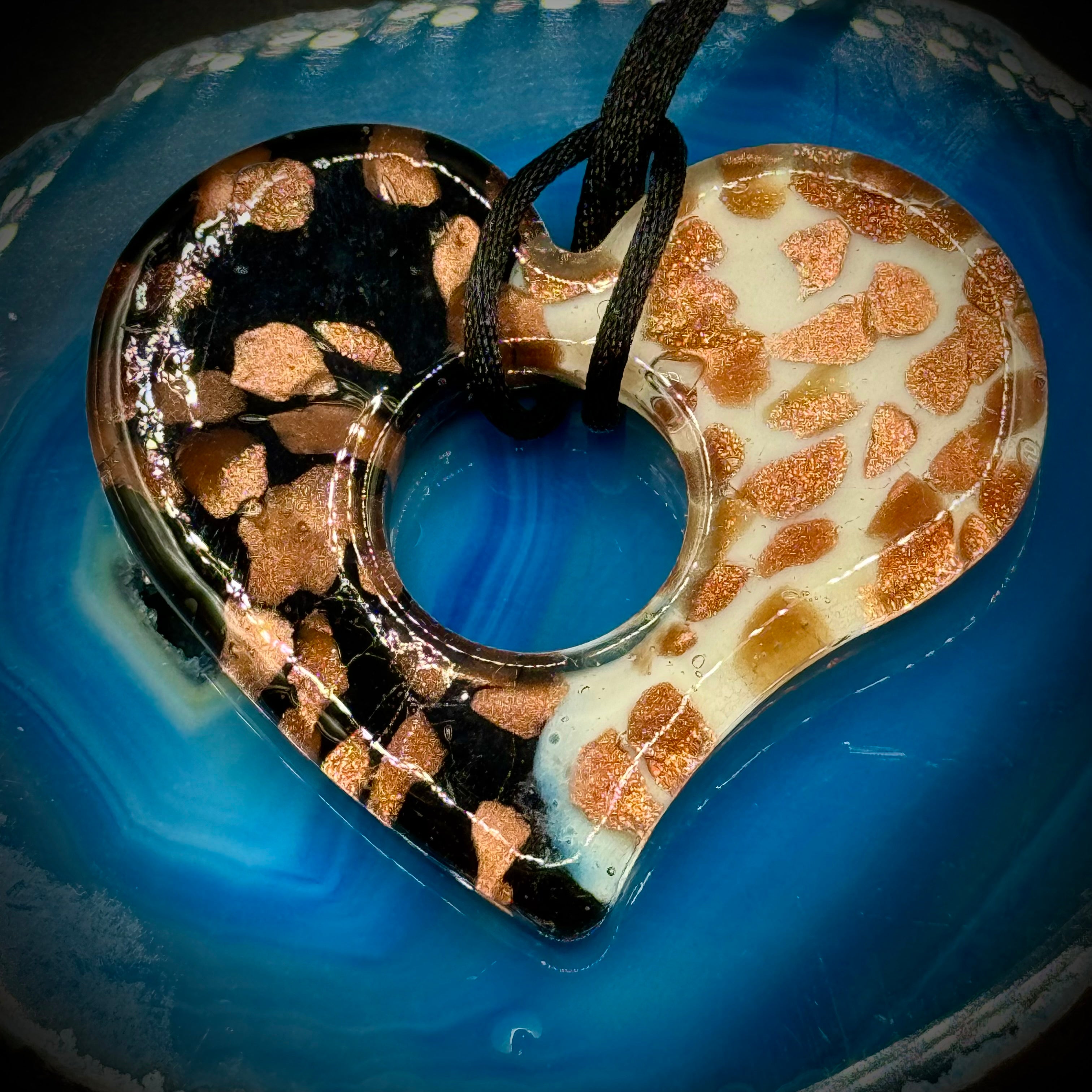 Art Glass Black and White Heart Pendant with Copper Fleck Picker Road