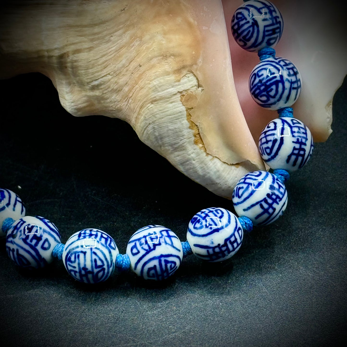 Vintage Chinoiserie Hand Knotted Beaded Necklace in Blue & White with Silver Clasp