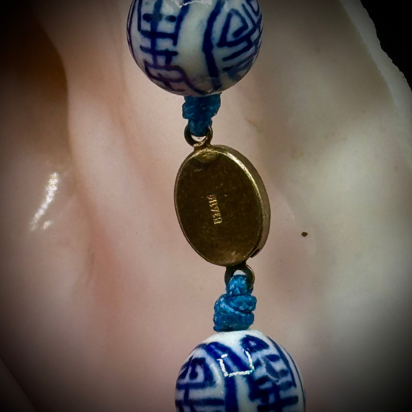 Vintage Chinoiserie Hand Knotted Beaded Necklace in Blue & White with Silver Clasp