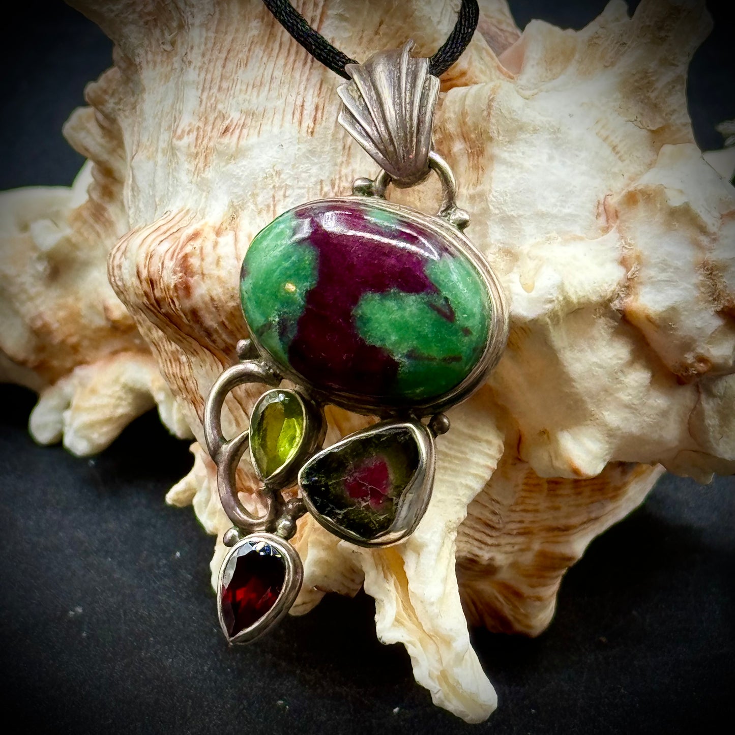 Artisan Crafted 925 Sterling Silver Pendant Set with Ruby Zoisite, Peridot & Garnate