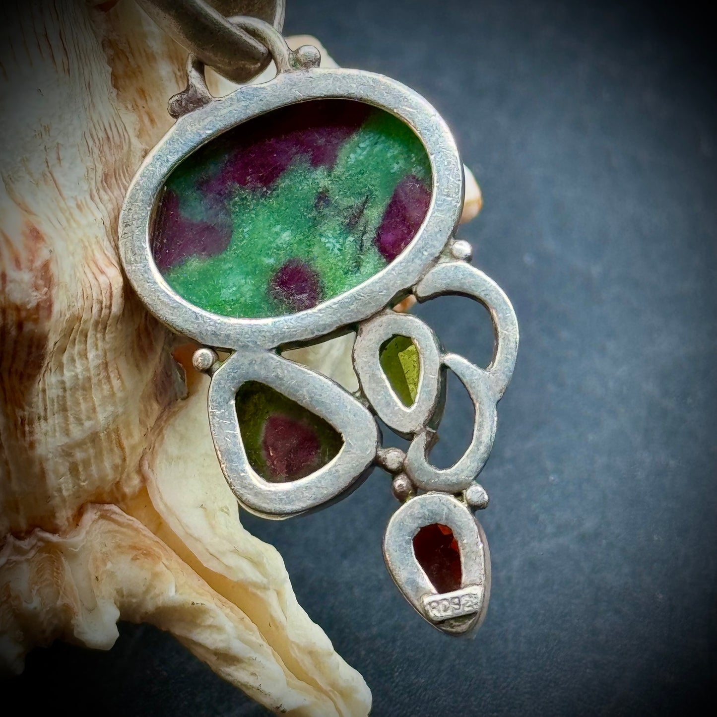 Artisan Crafted 925 Sterling Silver Pendant Set with Ruby Zoisite, Peridot & Garnate