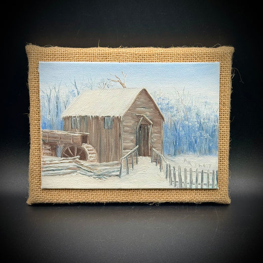 Hand Painted & Artist Signed Winter Scene Mounted on Burlap Frame