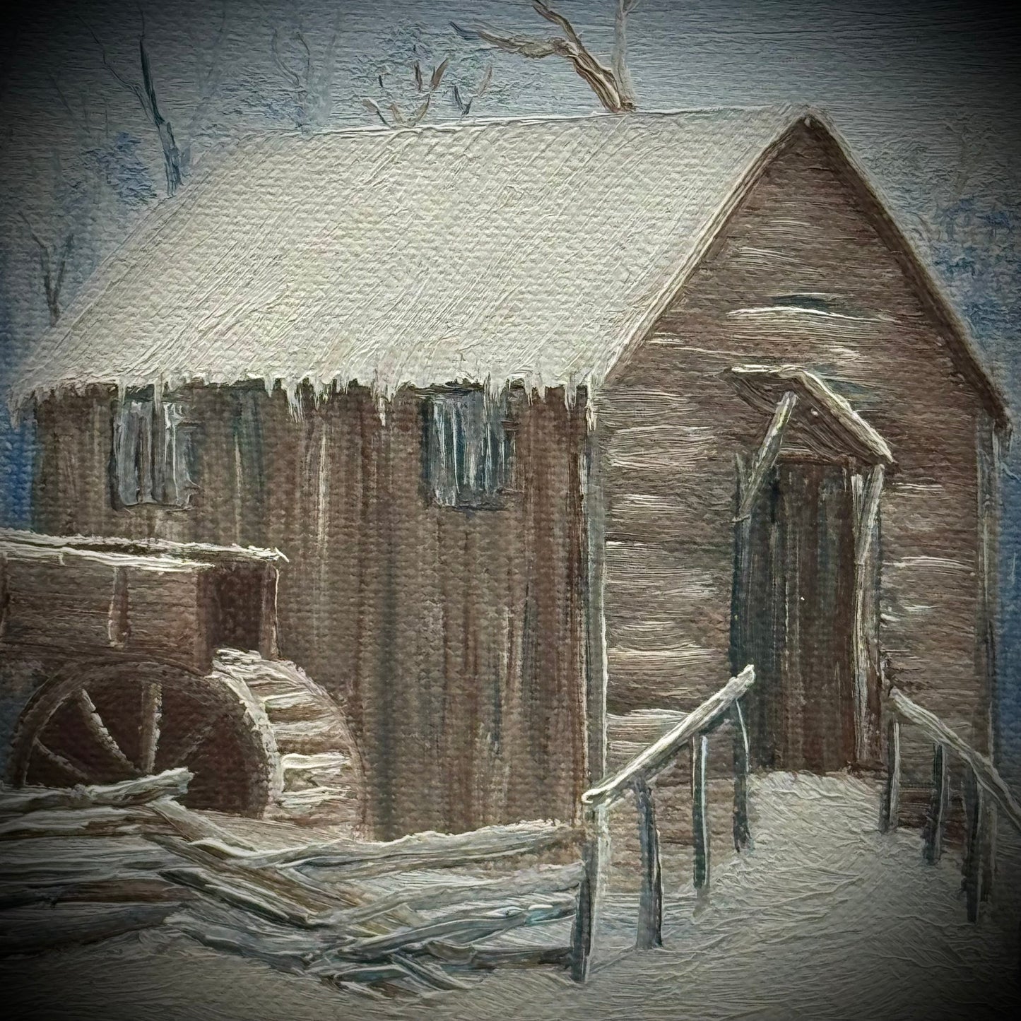 Hand Painted & Artist Signed Winter Scene Mounted on Burlap Frame