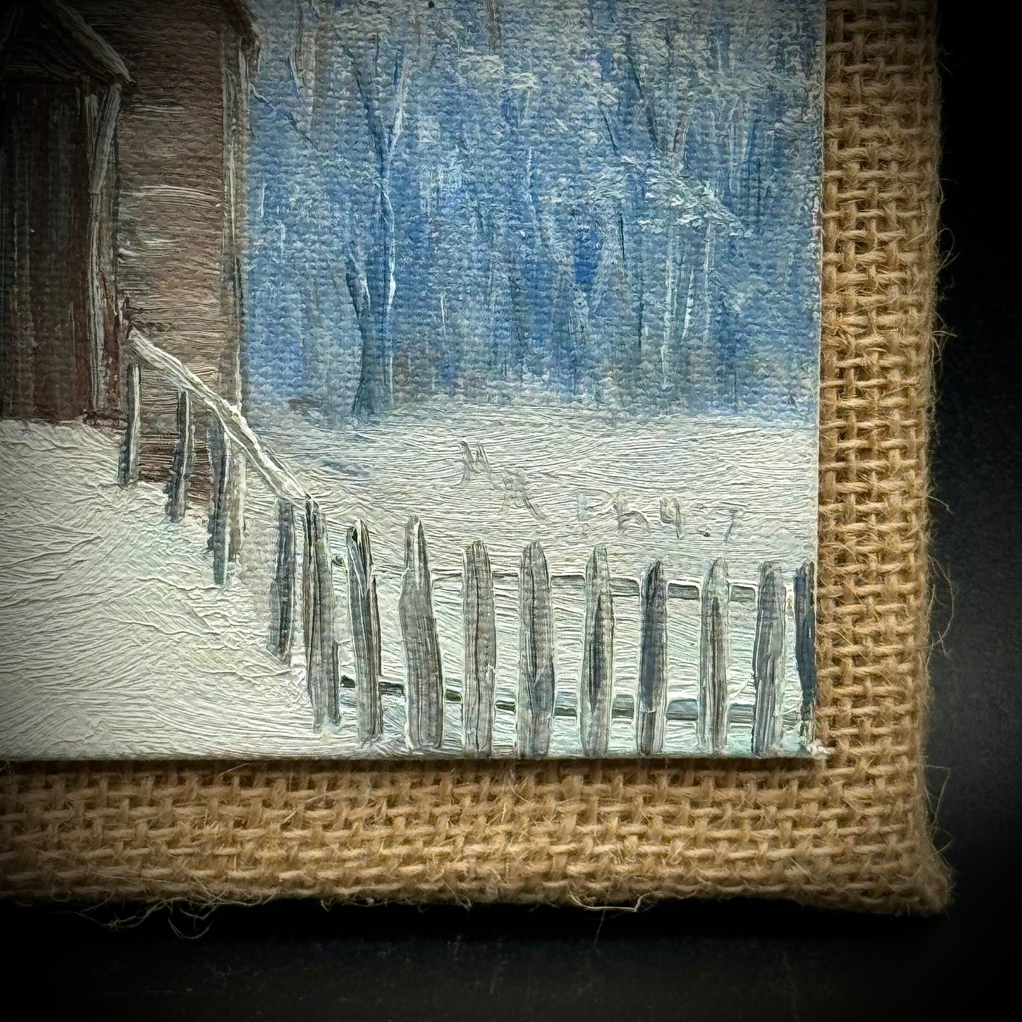 Hand Painted & Artist Signed Winter Scene Mounted on Burlap Frame