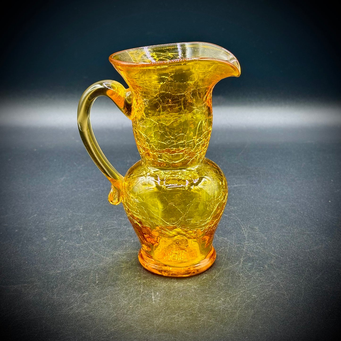 Amberina Glowing Art Glass Hand Blown Small Crackle Pitcher