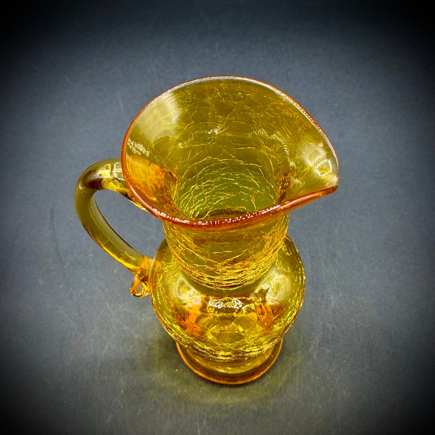 Amberina Glowing Art Glass Hand Blown Small Crackle Pitcher