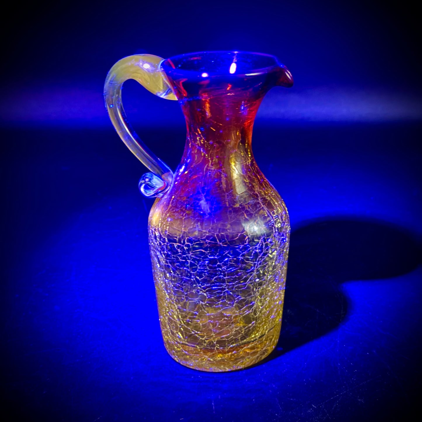 Amberina Glowing Art Glass Hand Blown Small Crackle Pitcher