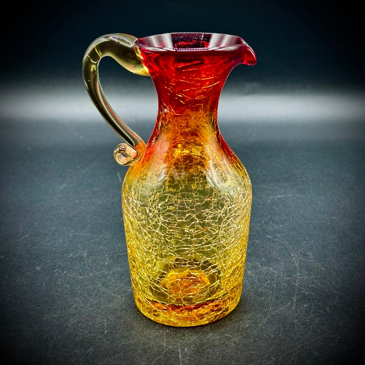 Amberina Glowing Art Glass Hand Blown Small Crackle Pitcher