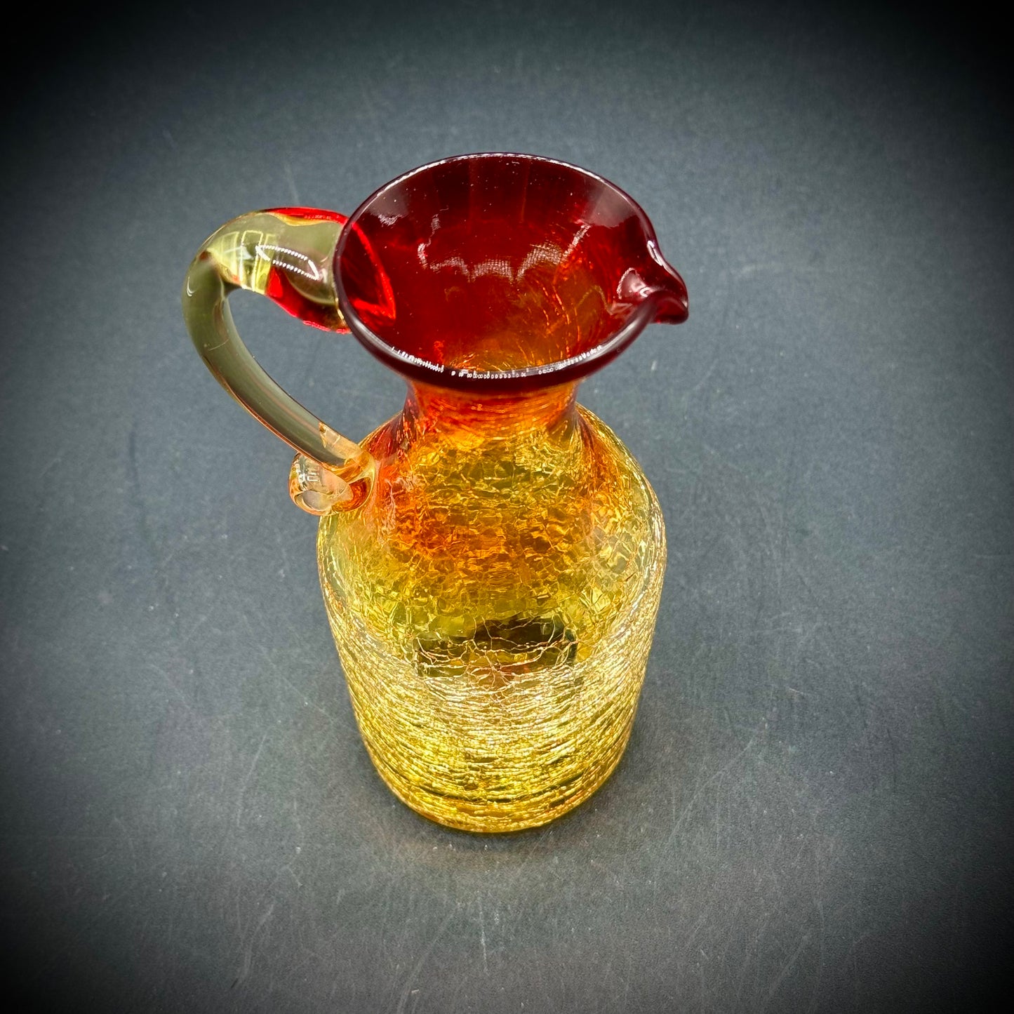 Amberina Glowing Art Glass Hand Blown Small Crackle Pitcher