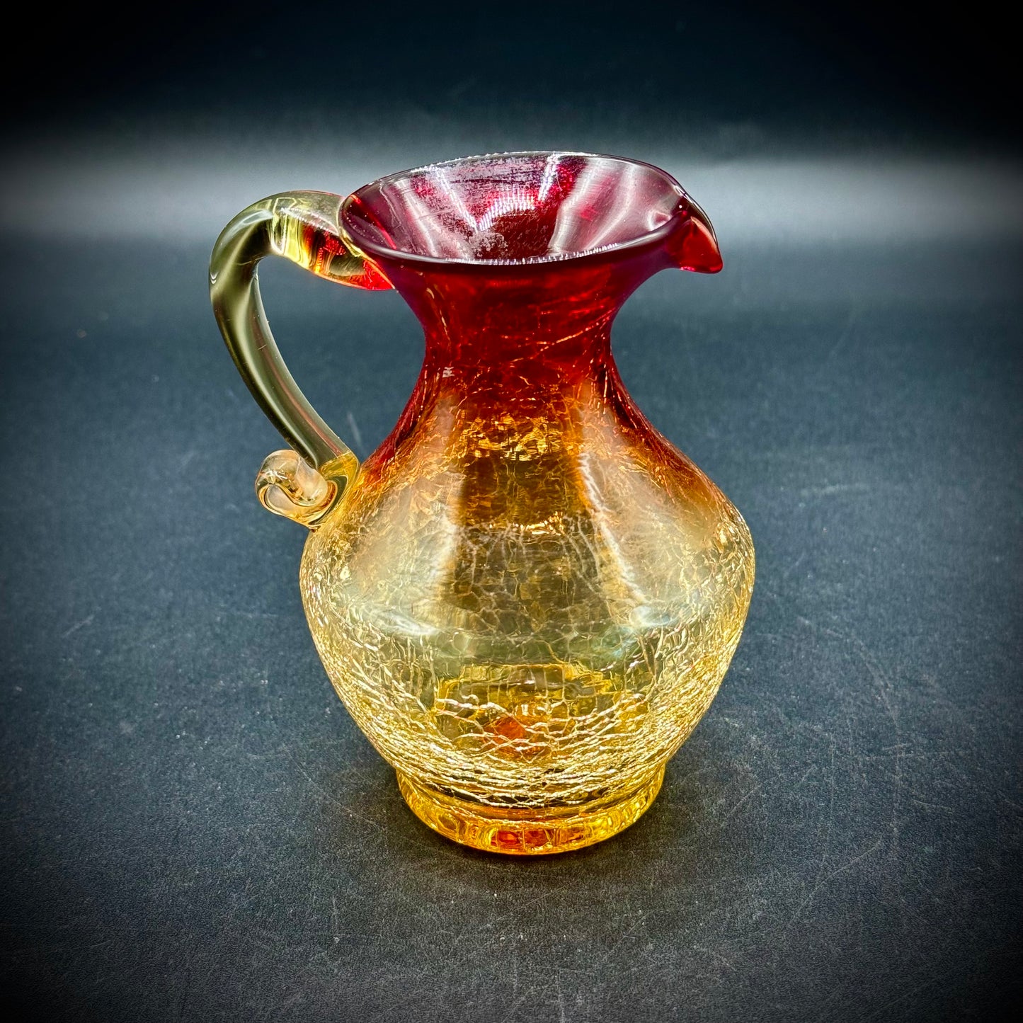 Amberina Glowing Art Glass Hand Blown Small Crackle Pitcher