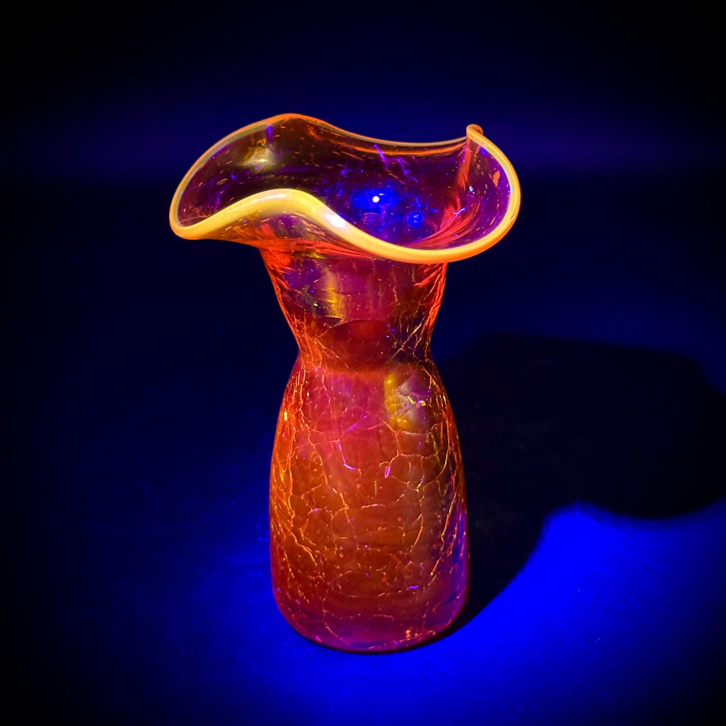 Amberina Glowing Art Glass Hand Blown Small Crackle Pitcher