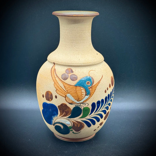 Signed Mexico Tonala Style Bird & Flower Motif Pottery Vase