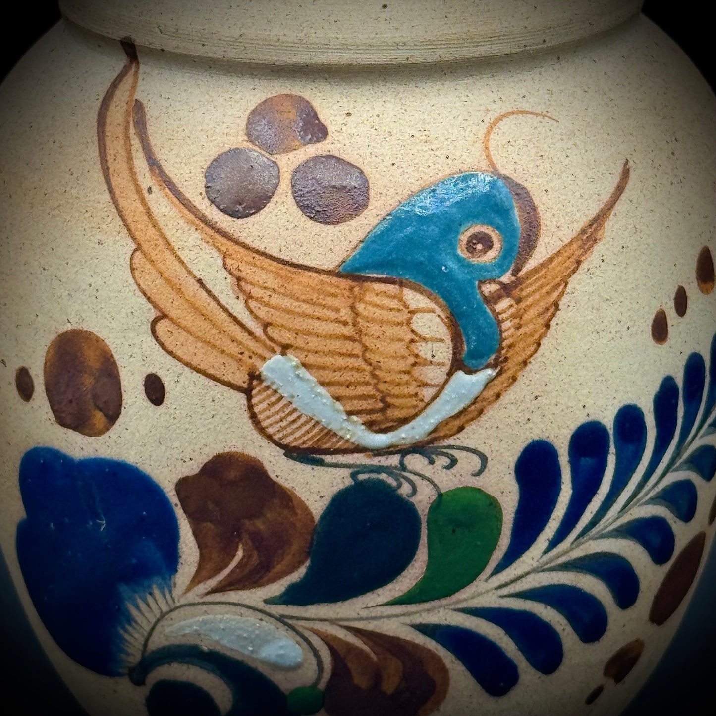 Signed Mexico Tonala Style Bird & Flower Motif Pottery Vase