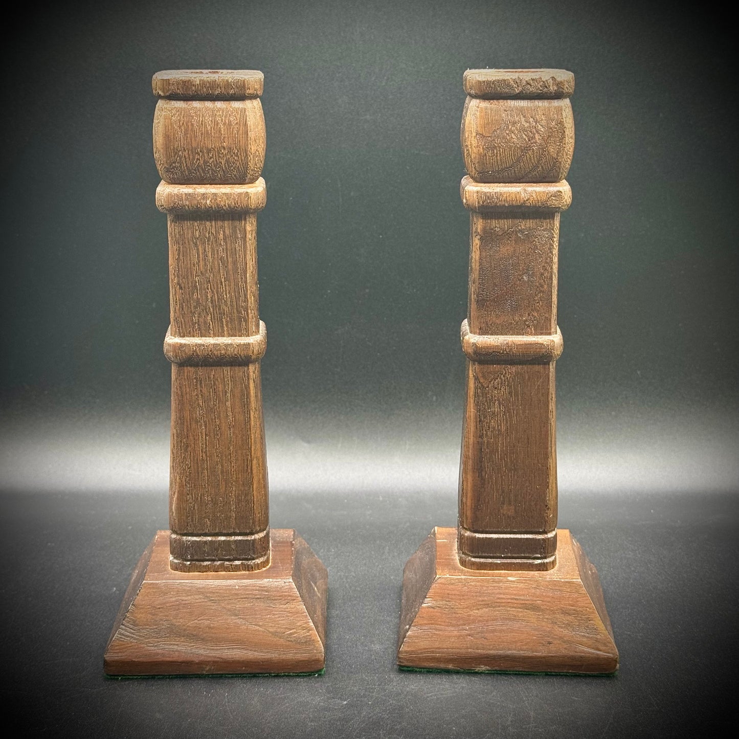 Turned & Carved Wood Candlesticks on Green Felt