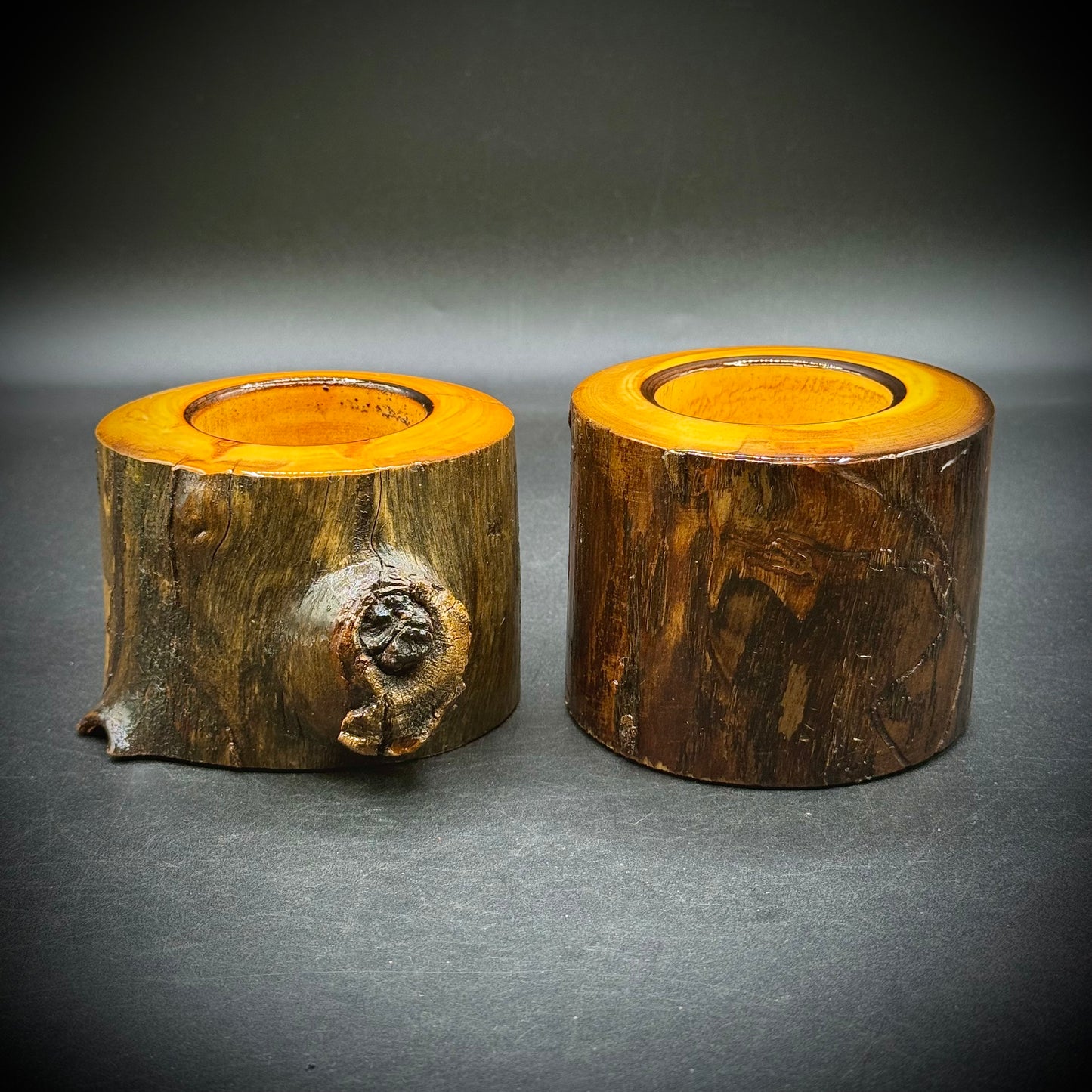 Pair of Natural Wood Burl Candle Holders