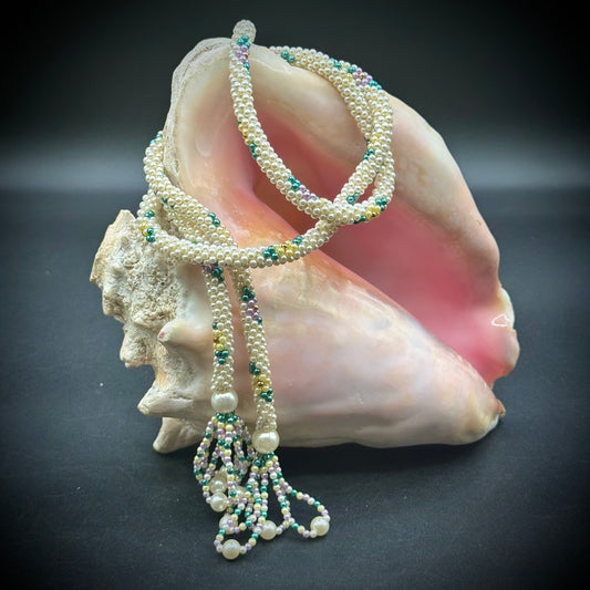 Long Beaded Pearl Motif Lariat Necklace