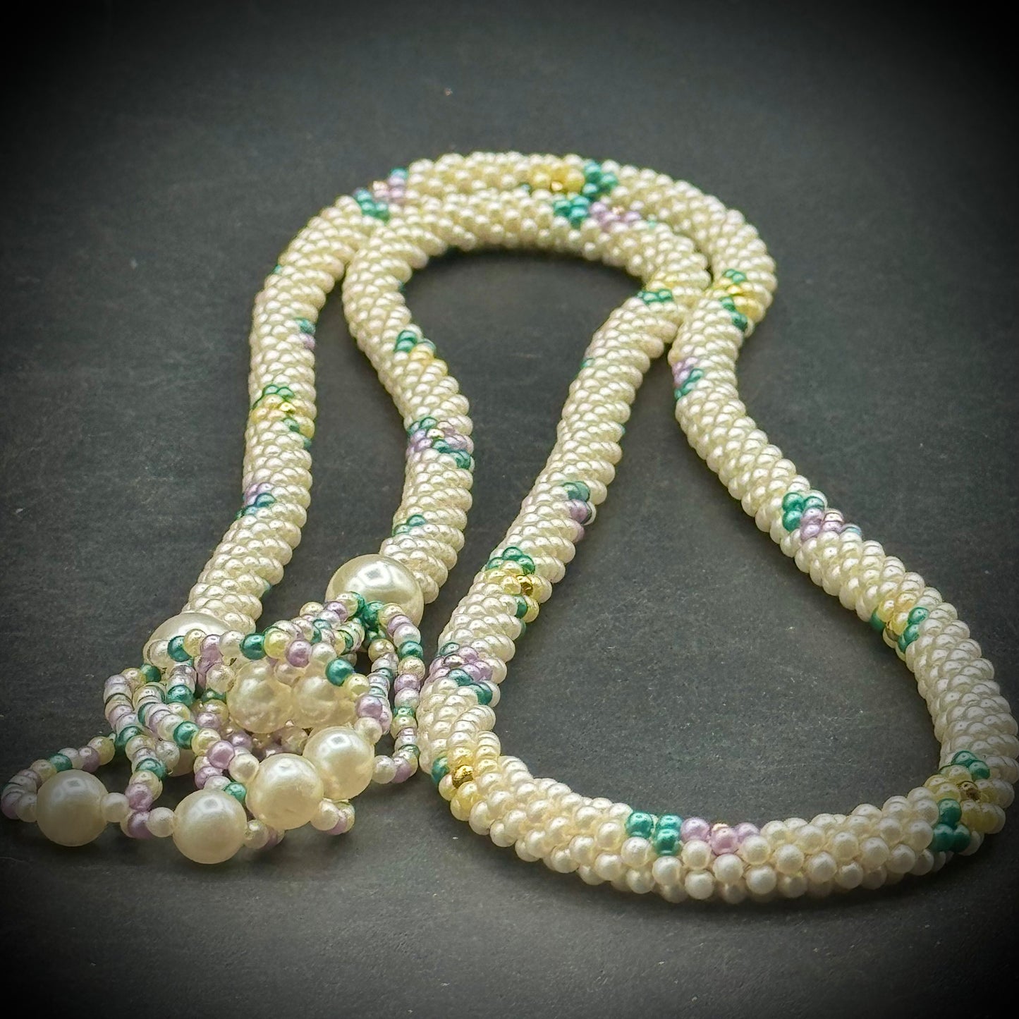 Long Beaded Pearl Motif Lariat Necklace