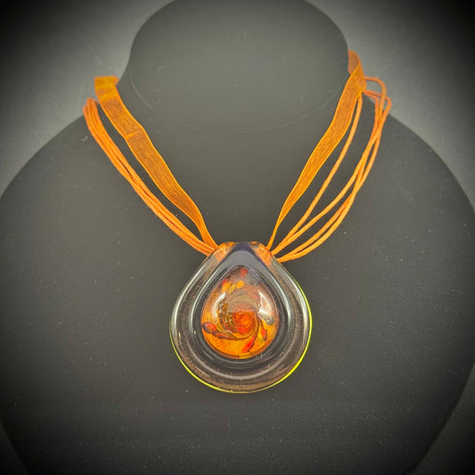 Murano Art Glass Necklace with Orange & Black Silk