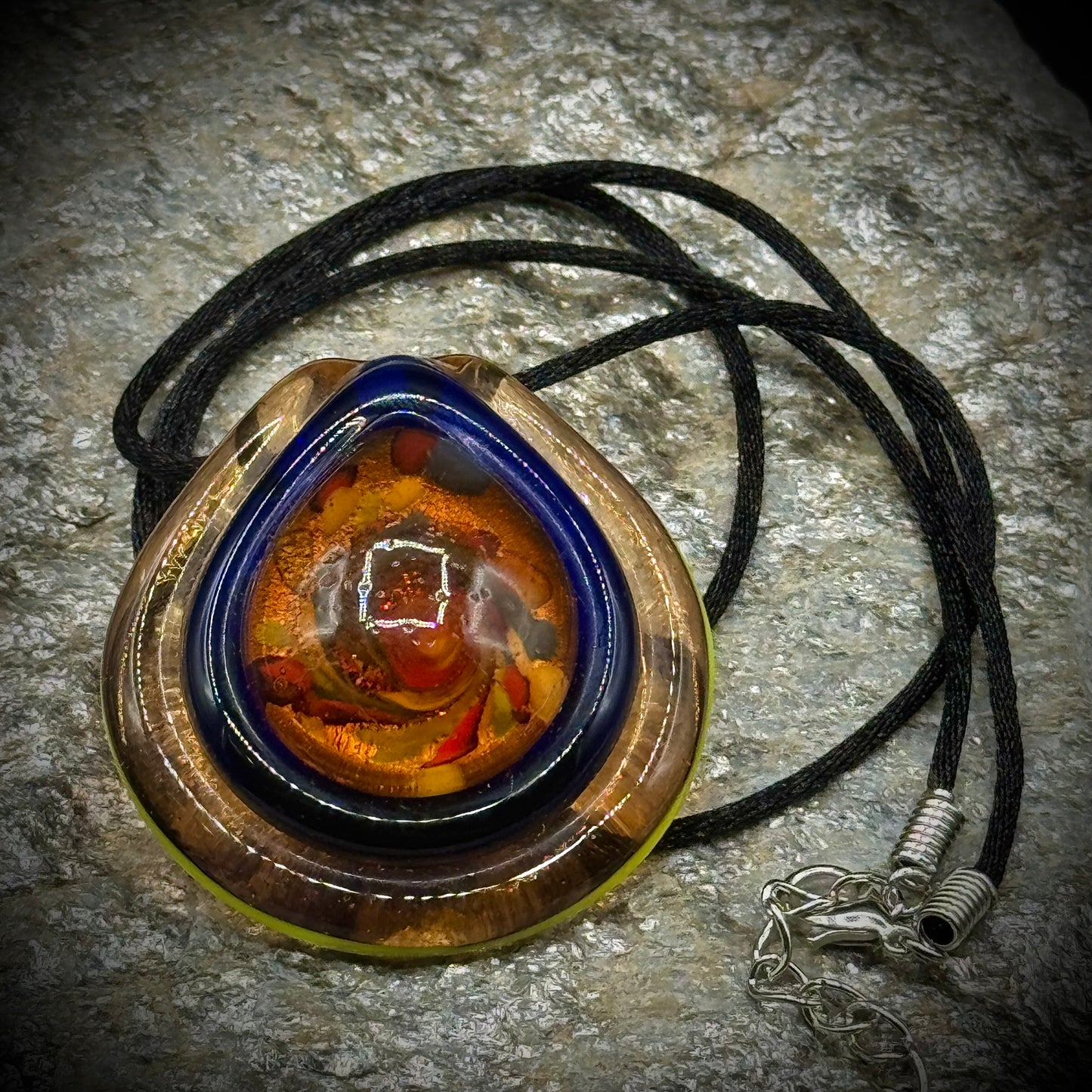 Murano Art Glass Necklace with Orange & Black Silk