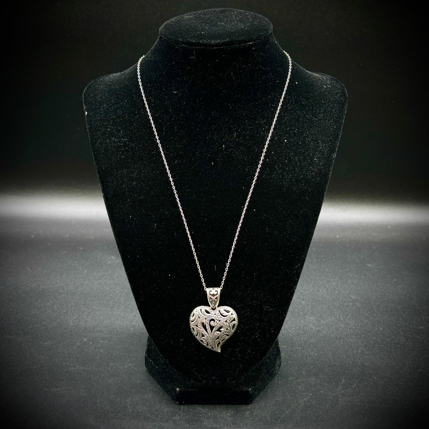 Heavy Sterling Silver Filigree Puffy Heart Pendant & Chain