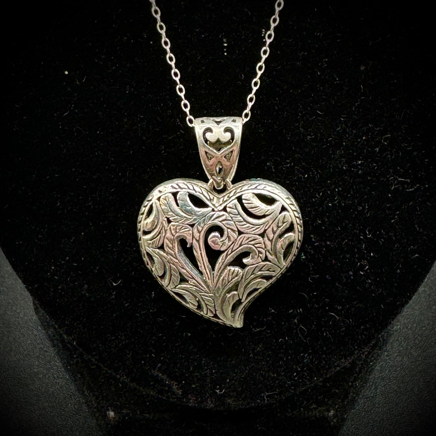 Heavy Sterling Silver Filigree Puffy Heart Pendant & Chain