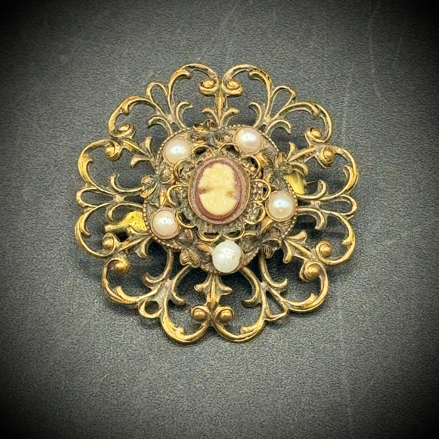 Vintage Miniature Cameo Set in Gold Tone Metal with Seed Pearls