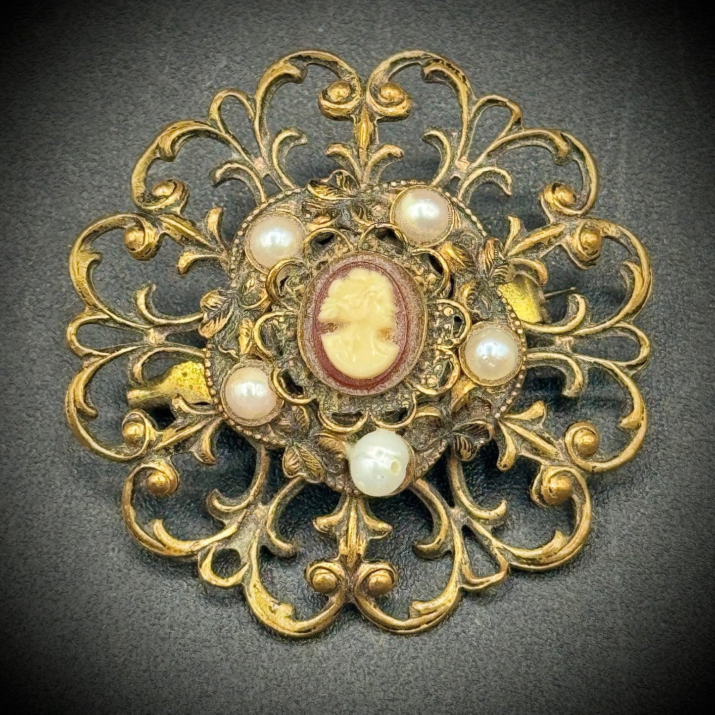 Vintage Miniature Cameo Set in Gold Tone Metal with Seed Pearls