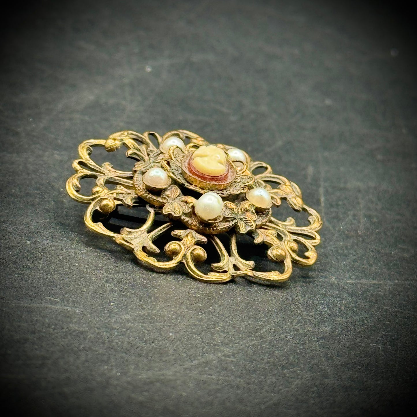 Vintage Miniature Cameo Set in Gold Tone Metal with Seed Pearls