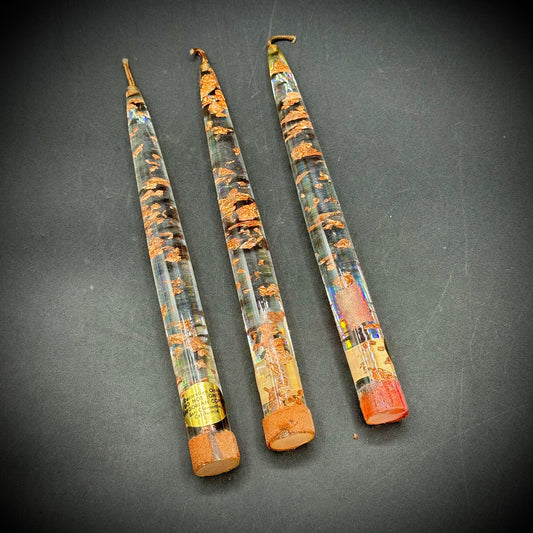 Three Vintage Gregorian Copper Fleck Lucite Candles