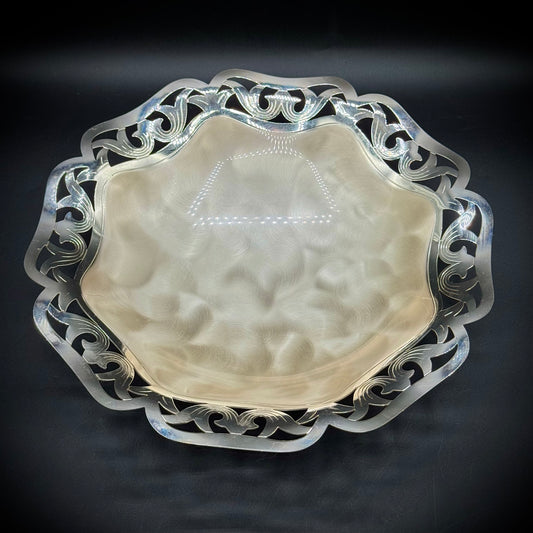 Vintage German Silver Plate Scalloped Dish with Ornate Border