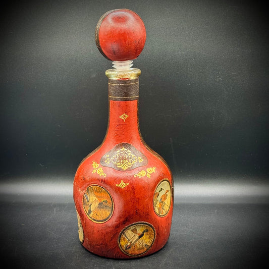 Vintage Leather Wrapped Bottle with Large Stopper & Water Fowl Motif