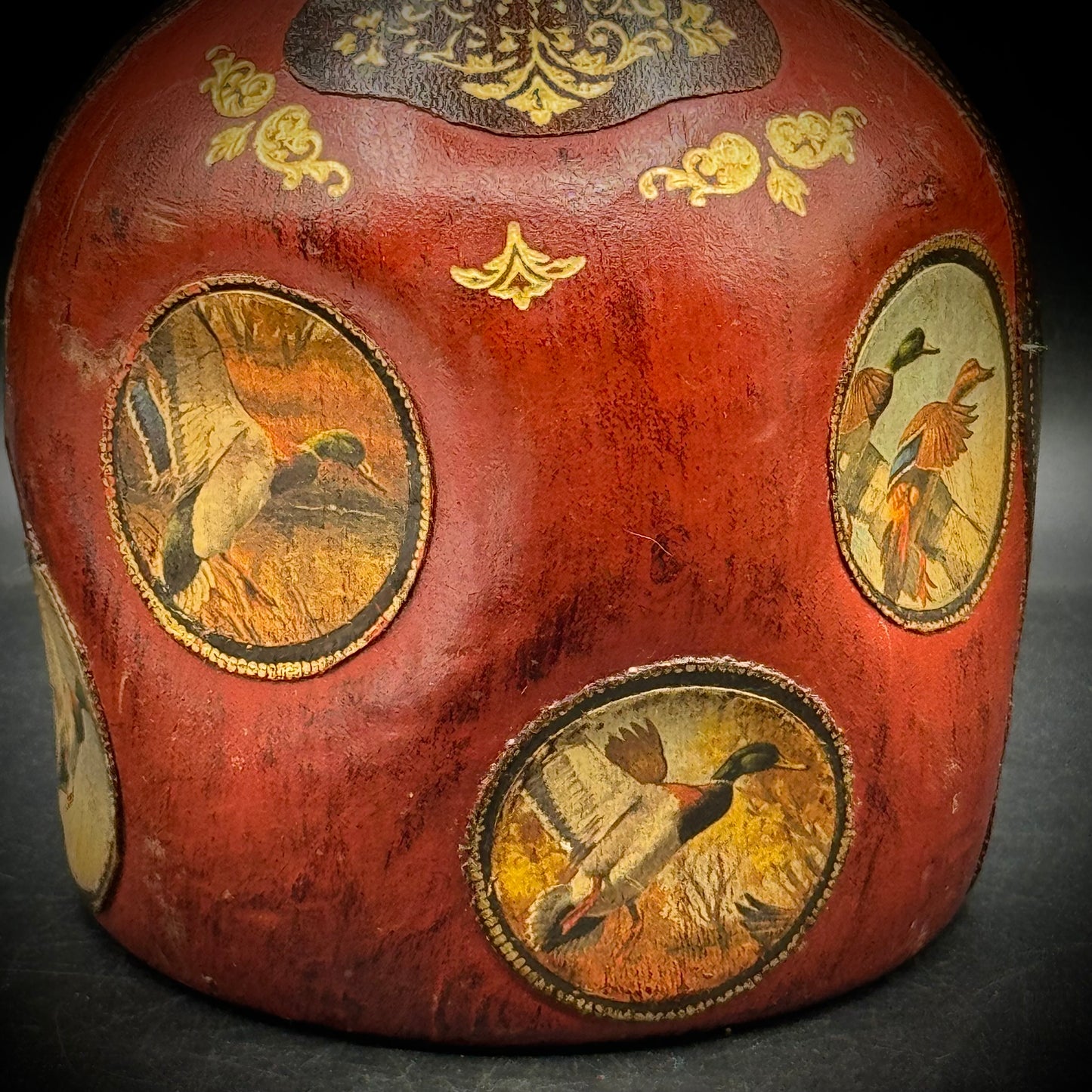Vintage Leather Wrapped Bottle with Large Stopper & Water Fowl Motif