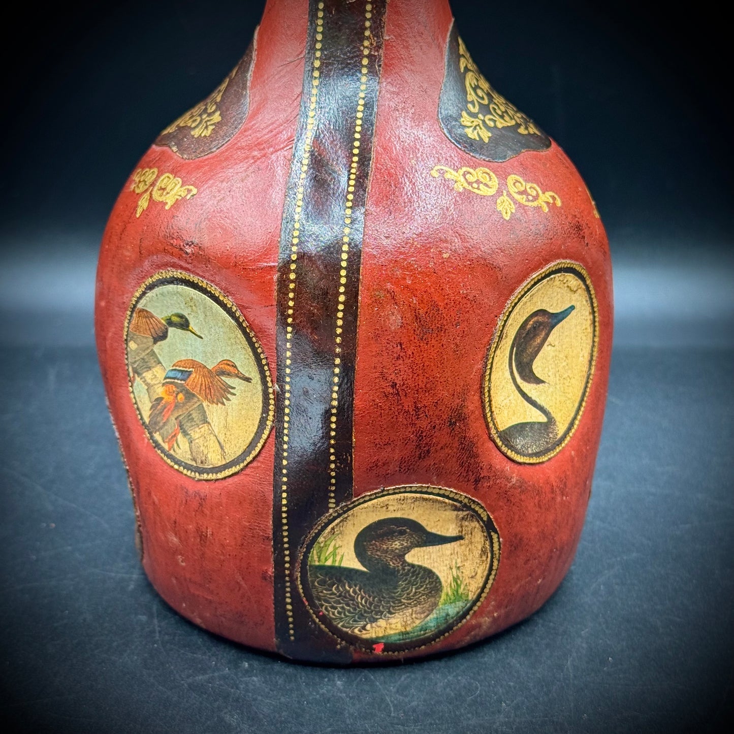 Vintage Leather Wrapped Bottle with Large Stopper & Water Fowl Motif