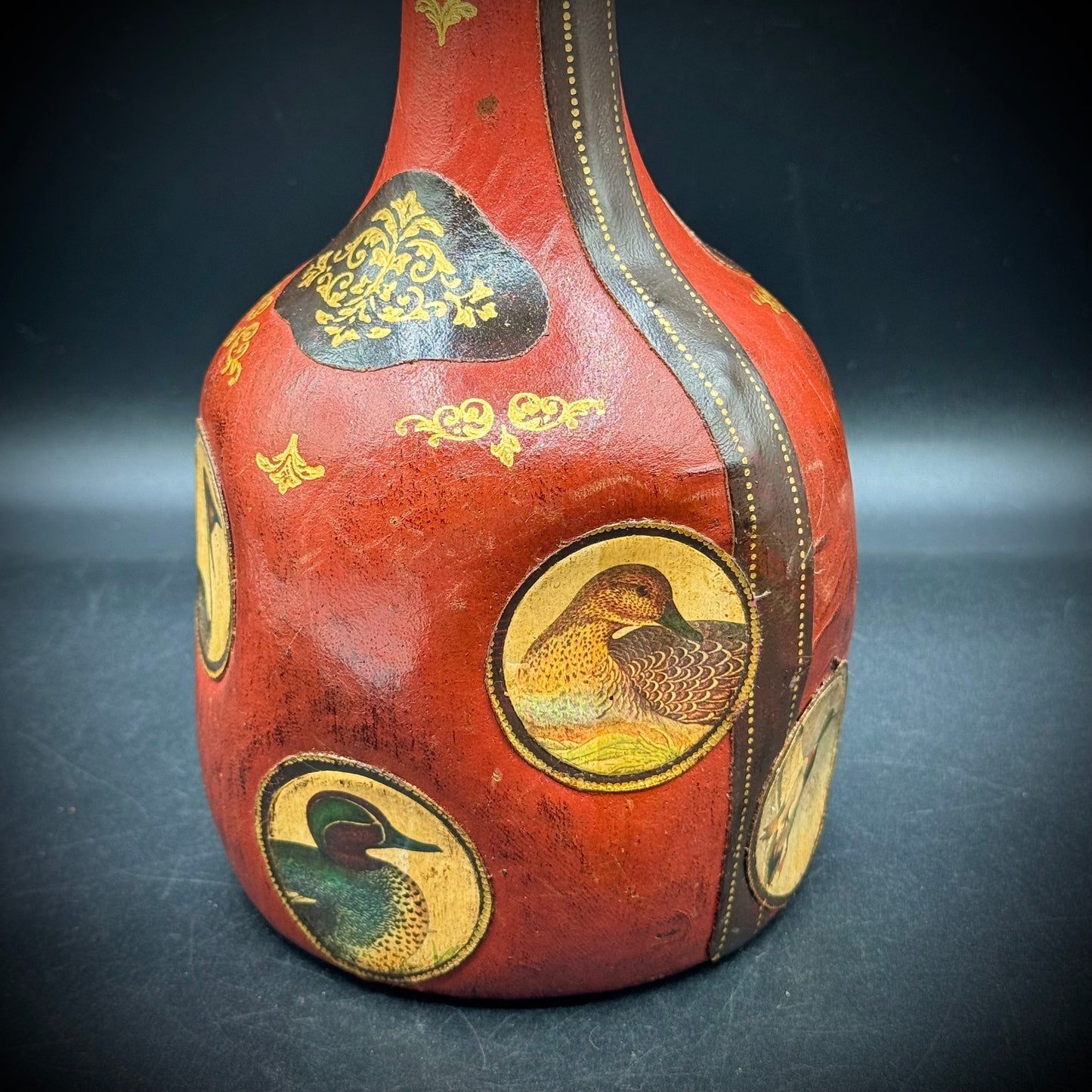 Vintage Leather Wrapped Bottle with Large Stopper & Water Fowl Motif