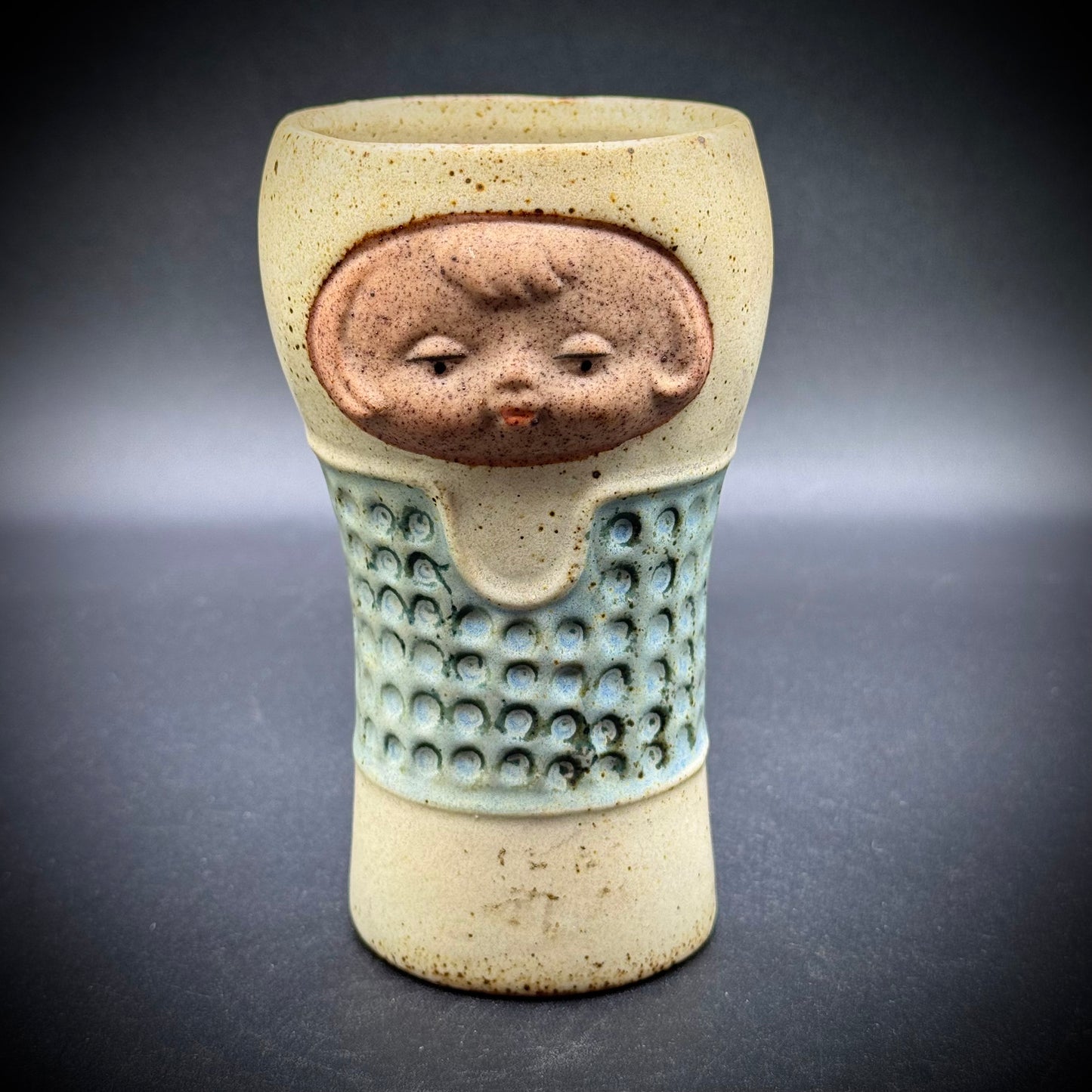 Vintage Uctci Pottery MCM Speckled Stoneware Face Vase Japan