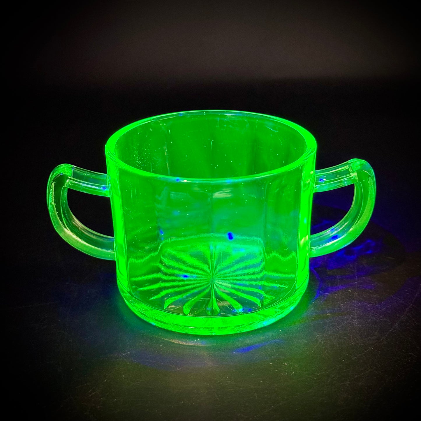 1930s Imperial Uranium Glass Glowing Double Handle Sugar Bowl
