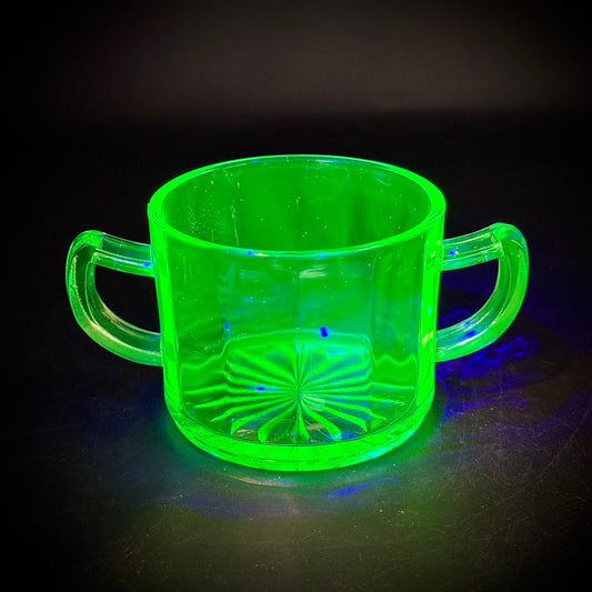 1930s Imperial Uranium Glass Glowing Double Handle Sugar Bowl