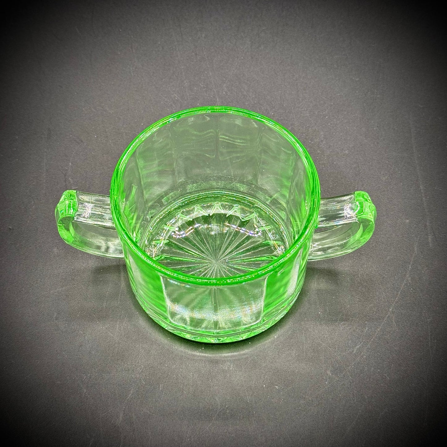 1930s Imperial Uranium Glass Glowing Double Handle Sugar Bowl