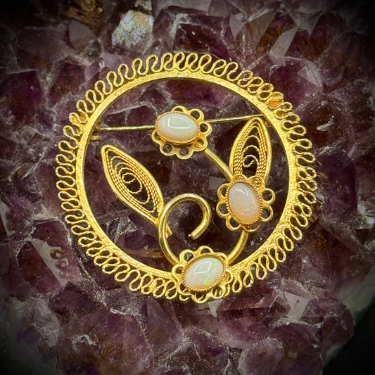 Vintage Three Opal Gold Tone Brooch