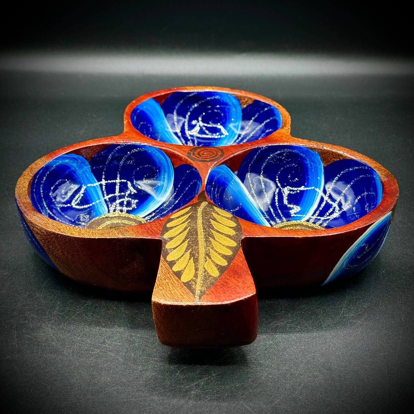 Hand Carved, Painted & Lacquered 3-Section Wood Bowl